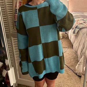 Blue & Olive Checkered Oversized Sweater Size Small